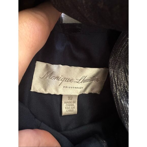 ✨ Monique Lhuillier Bridesmaids Whitney Maxi Dress Navy Silver Metallic Size 10 - Picture 5 of 7